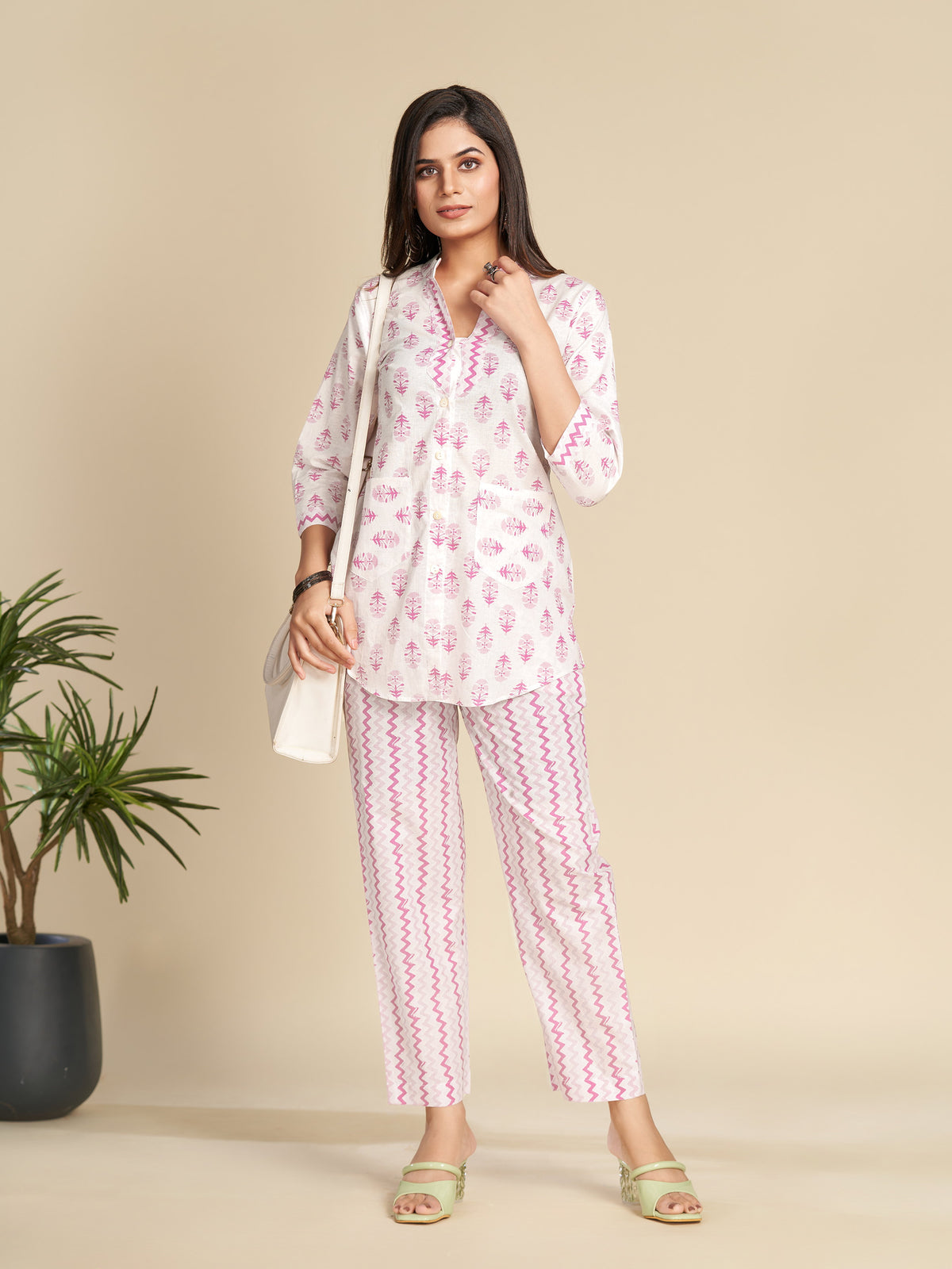 White Printed Pure Cotton Shirt Co-ord Set