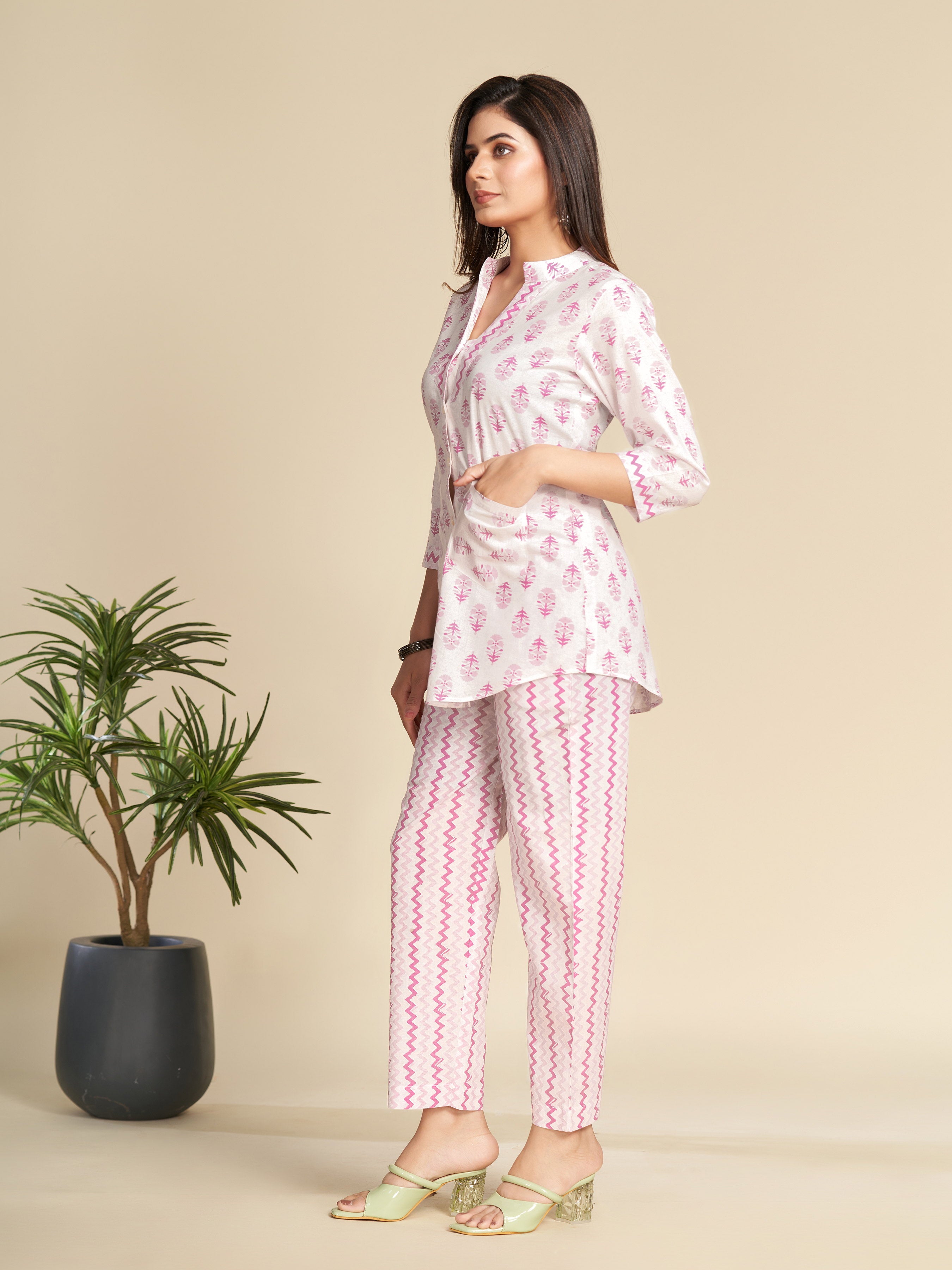 White Printed Pure Cotton Shirt Co-ord Set