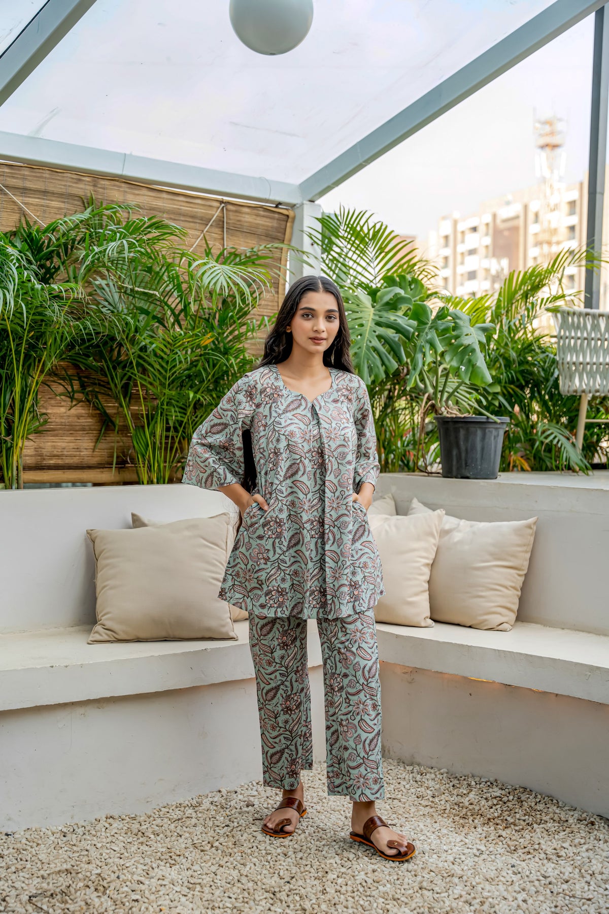 Box Pleated Floral Printed Sea Green Pure Cotton Flared Co-ord Set