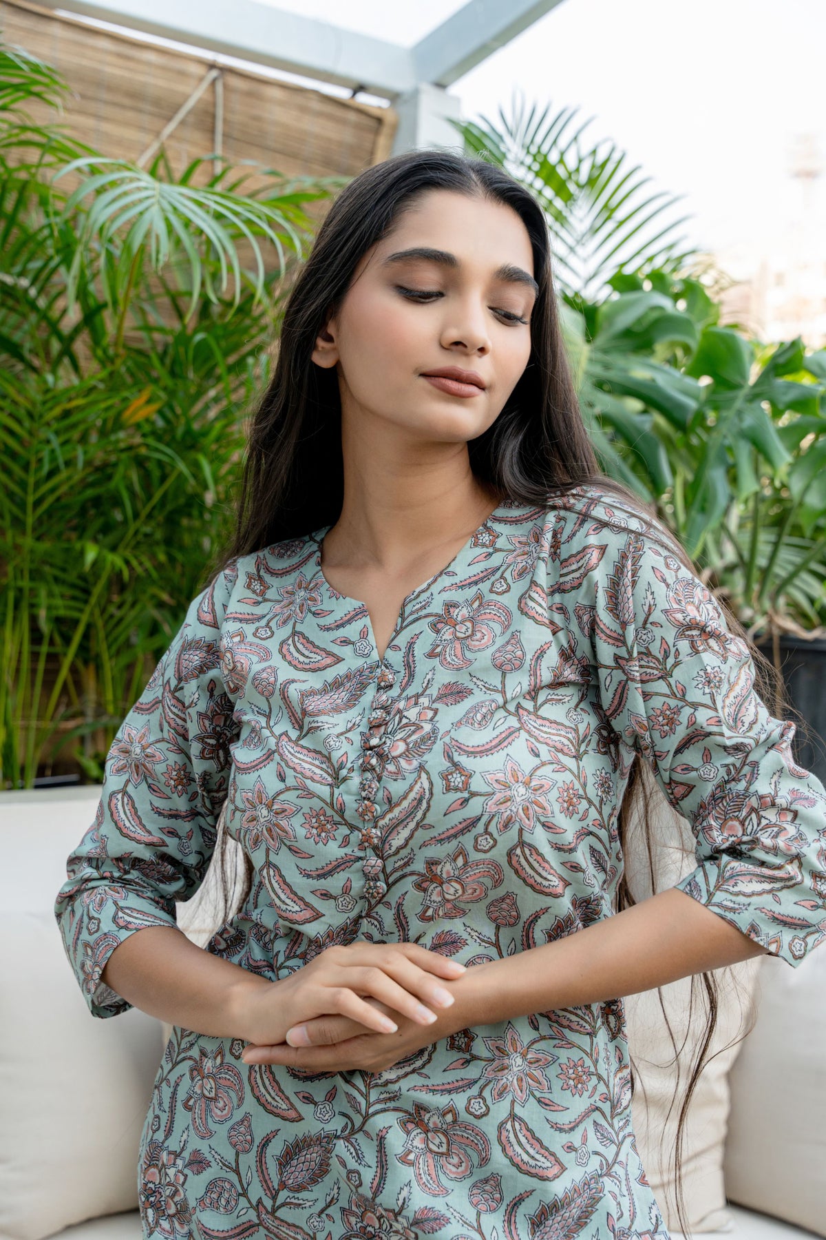 Notched Neck Sea Green Floral Pure Cotton Kurta