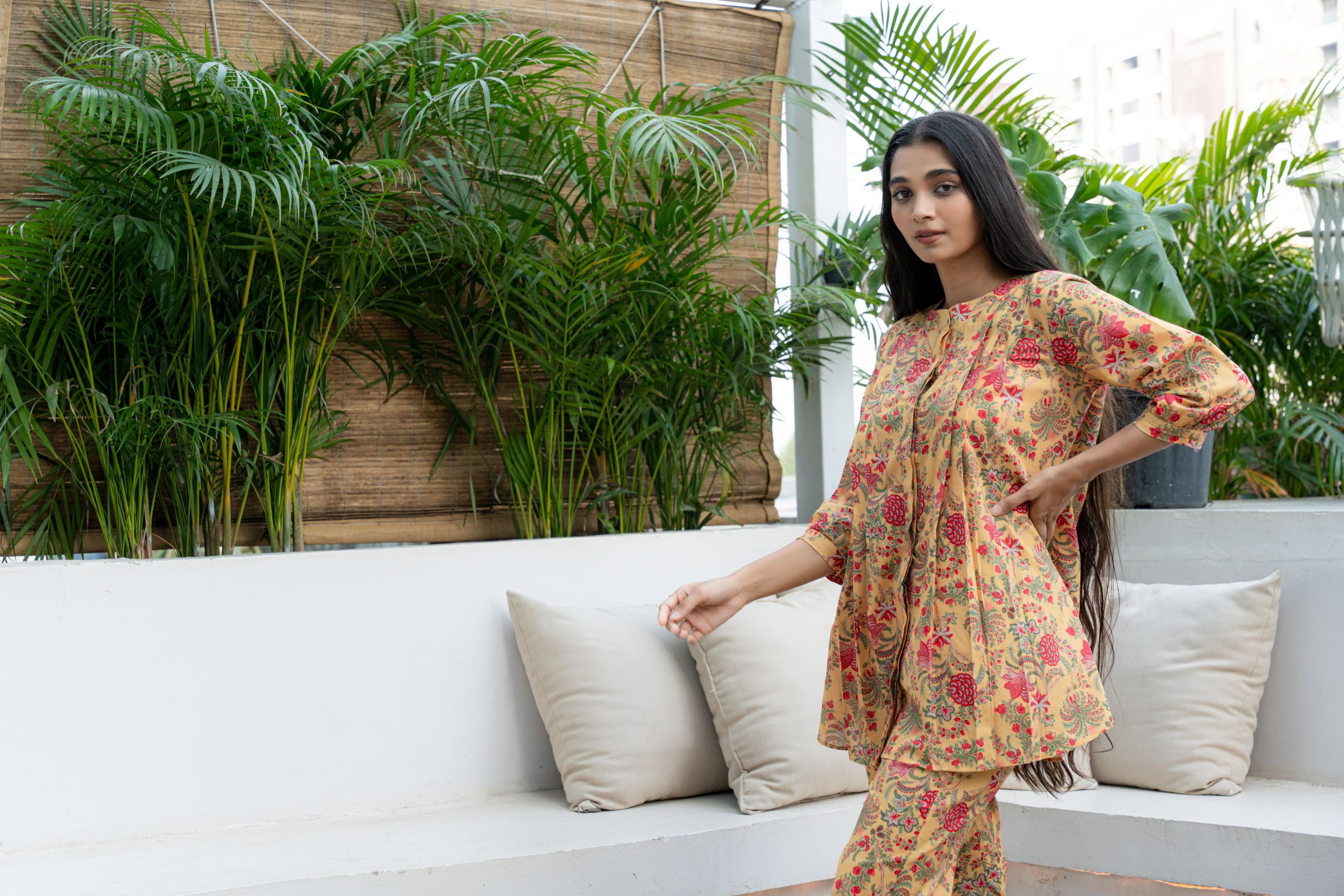 Pleats and Prints- Yellow Pure Cotton Buttoned down Top