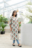 Off White Printed Floral Buti Notched Neck Kurti