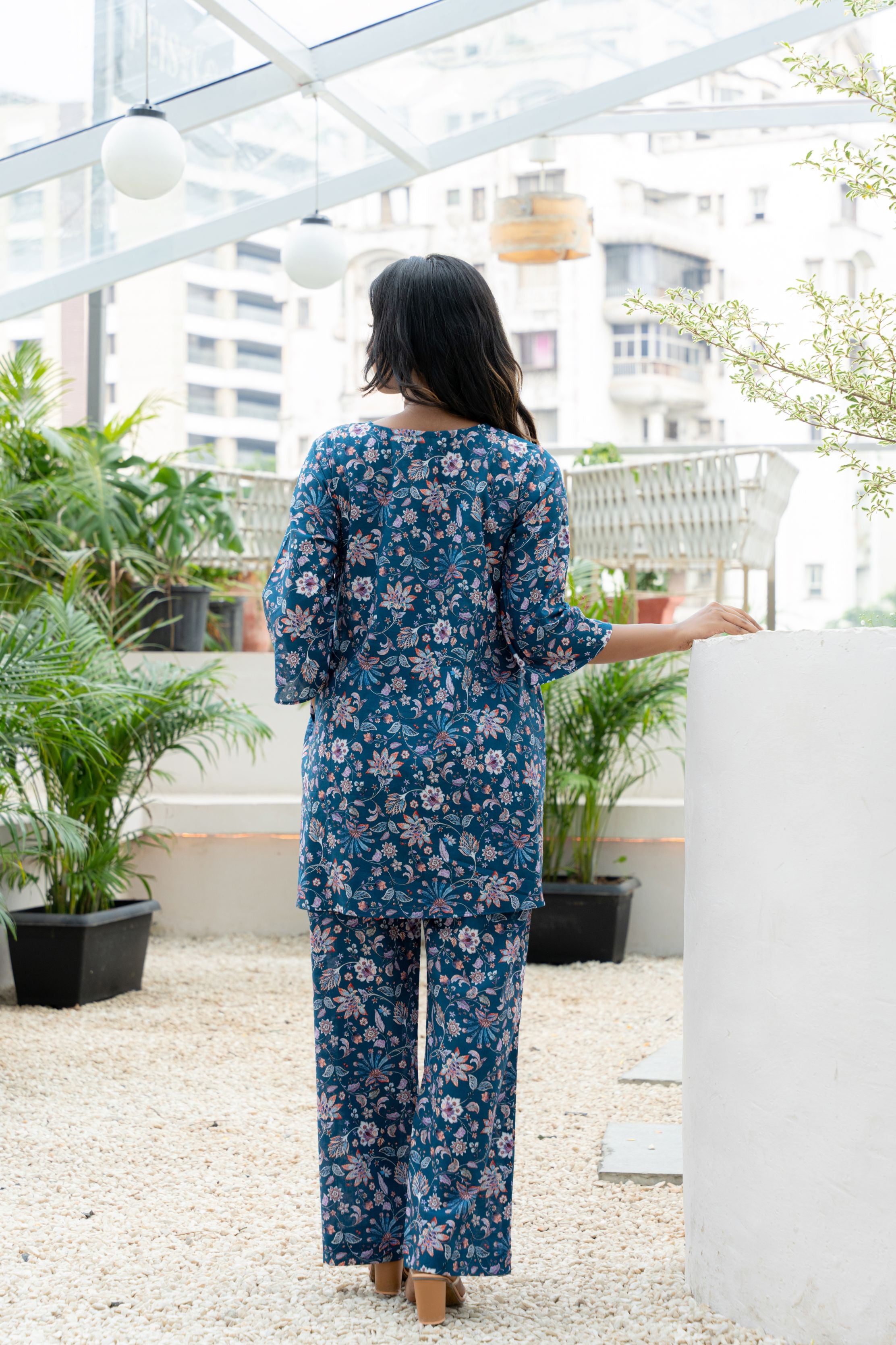 Blue Box Pleated Sweetheart Neckline Floral  Printed Pure Cotton Top