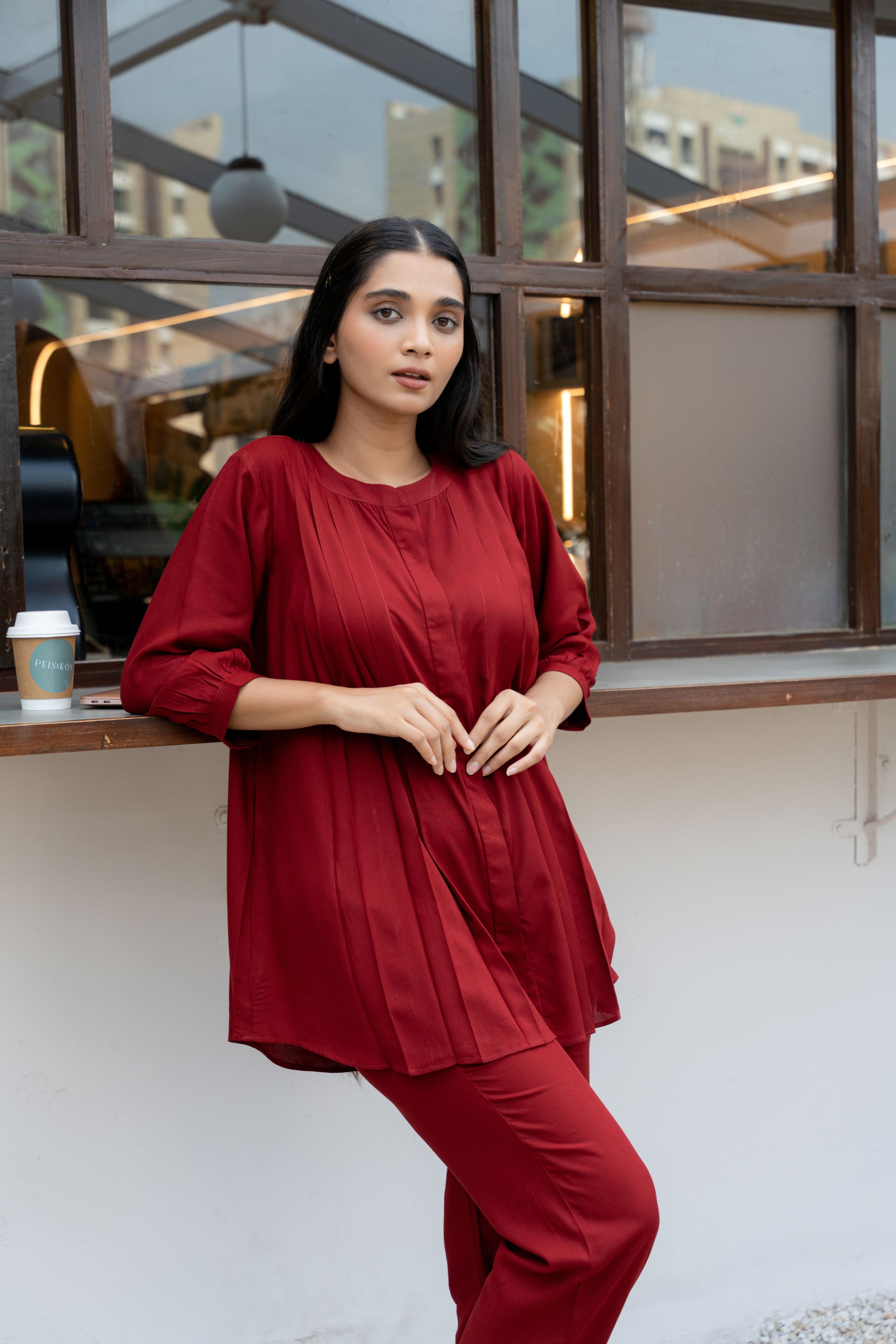 Maroon Pleated Band Collar Flared Co-ord Set