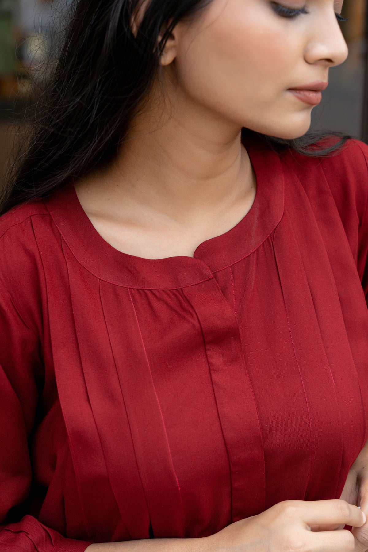 Maroon Pleated Band Collar Flared Shirt