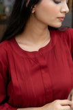 Maroon Pleated Band Collar Flared Shirt