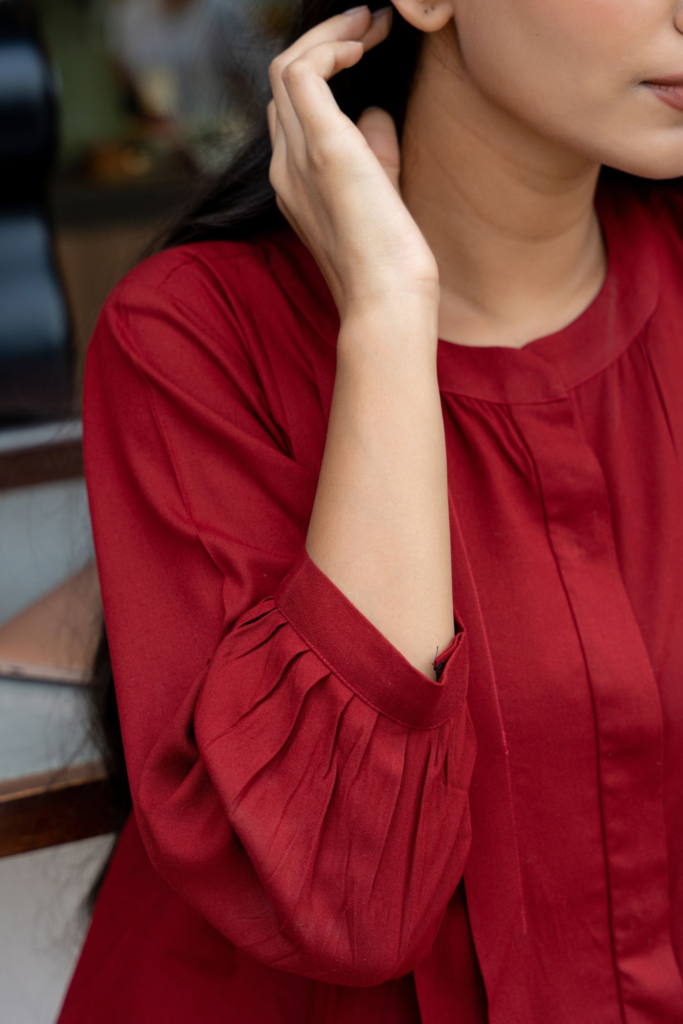 Maroon Pleated Band Collar Flared Shirt