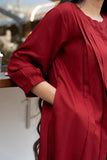 Maroon Pleated Band Collar Flared Shirt