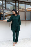 Green Pleated Band Collar Flared Co-ord Set