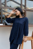 Navy Blue Front Pleated Flared Top