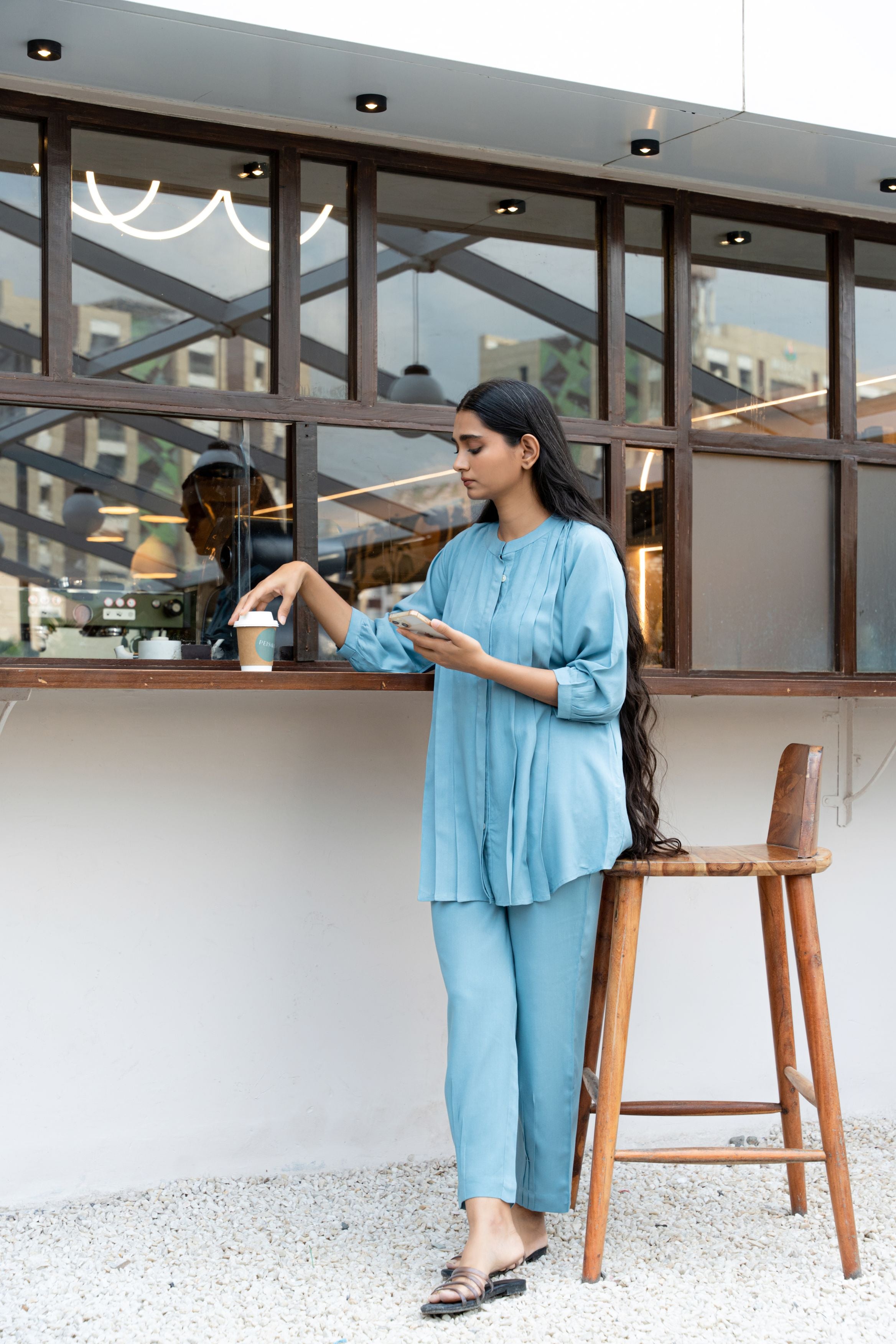 Light Blue Band Collar Pleated Flared Co-Ord Set