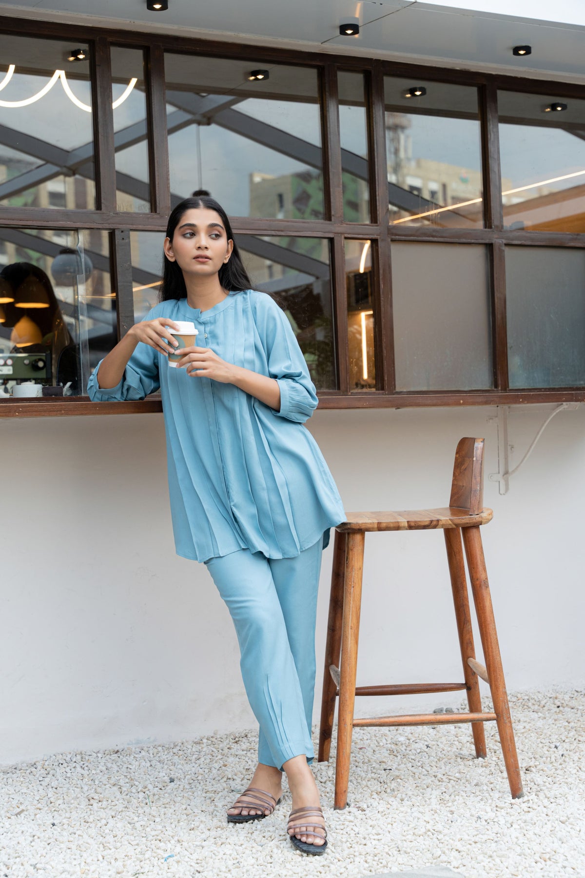 Light Blue Band Collar Pleated Flared Co-Ord Set