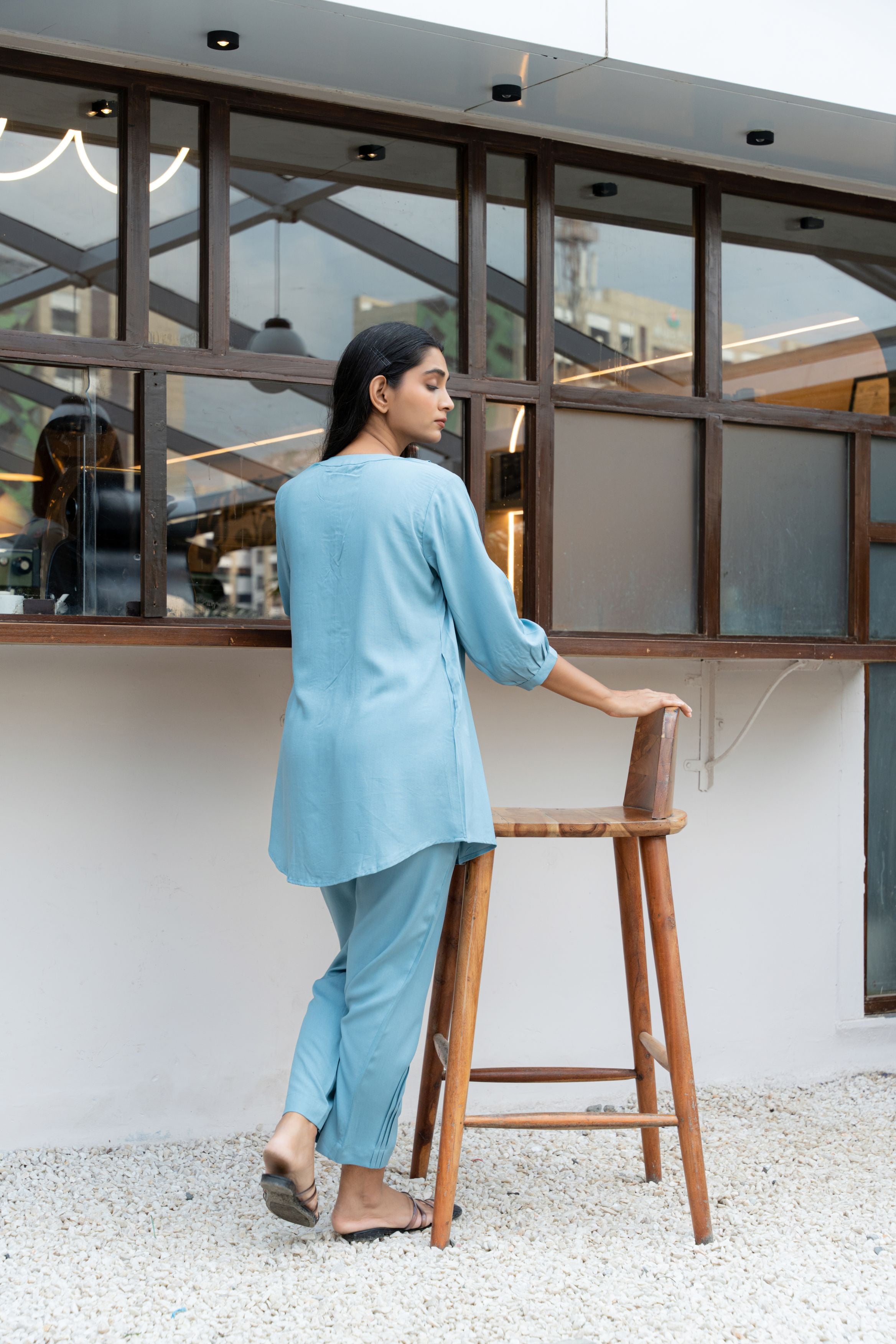 Light Blue Band Collar Pleated Flared Co-Ord Set