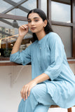 Light Blue Band Collar Front Pleated Shirt with Peasant Sleeve Top