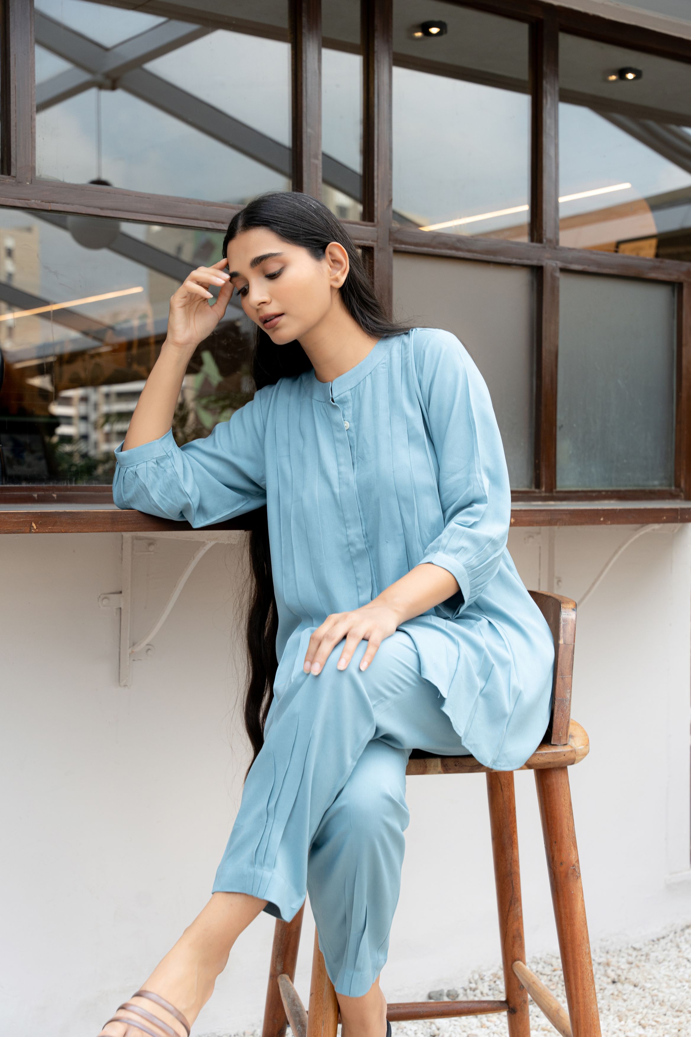 Light Blue Band Collar Front Pleated Shirt with Peasant Sleeve Top