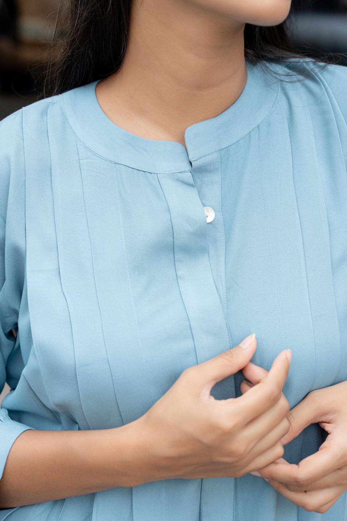 Light Blue Band Collar Front Pleated Shirt with Peasant Sleeve Top