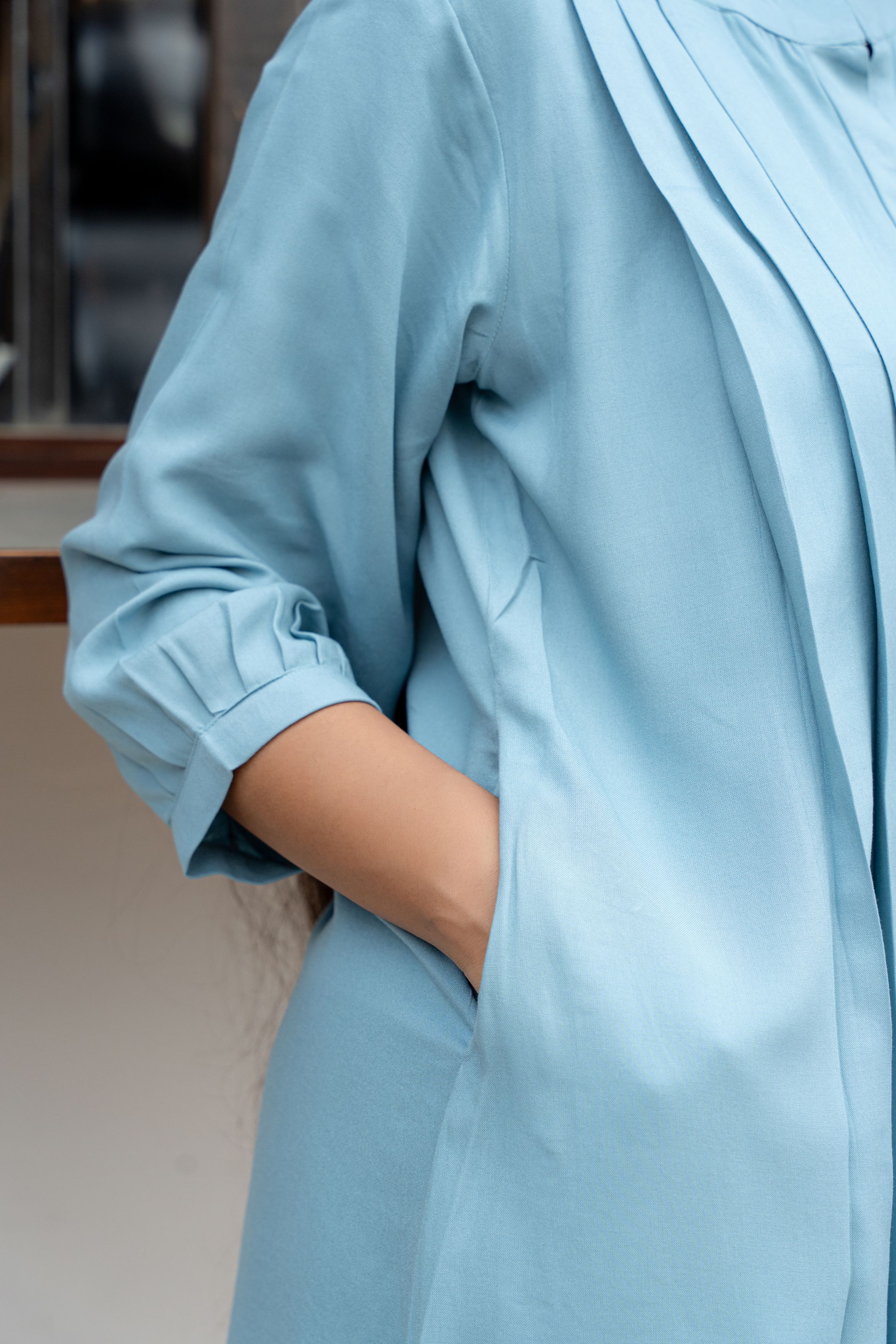 Light Blue Band Collar Front Pleated Shirt with Peasant Sleeve Top