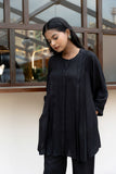 Black Pleated Band Collar Flared Fit Shirt