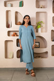 Light Blue Notched Neck with button loops Straight Kurta Set