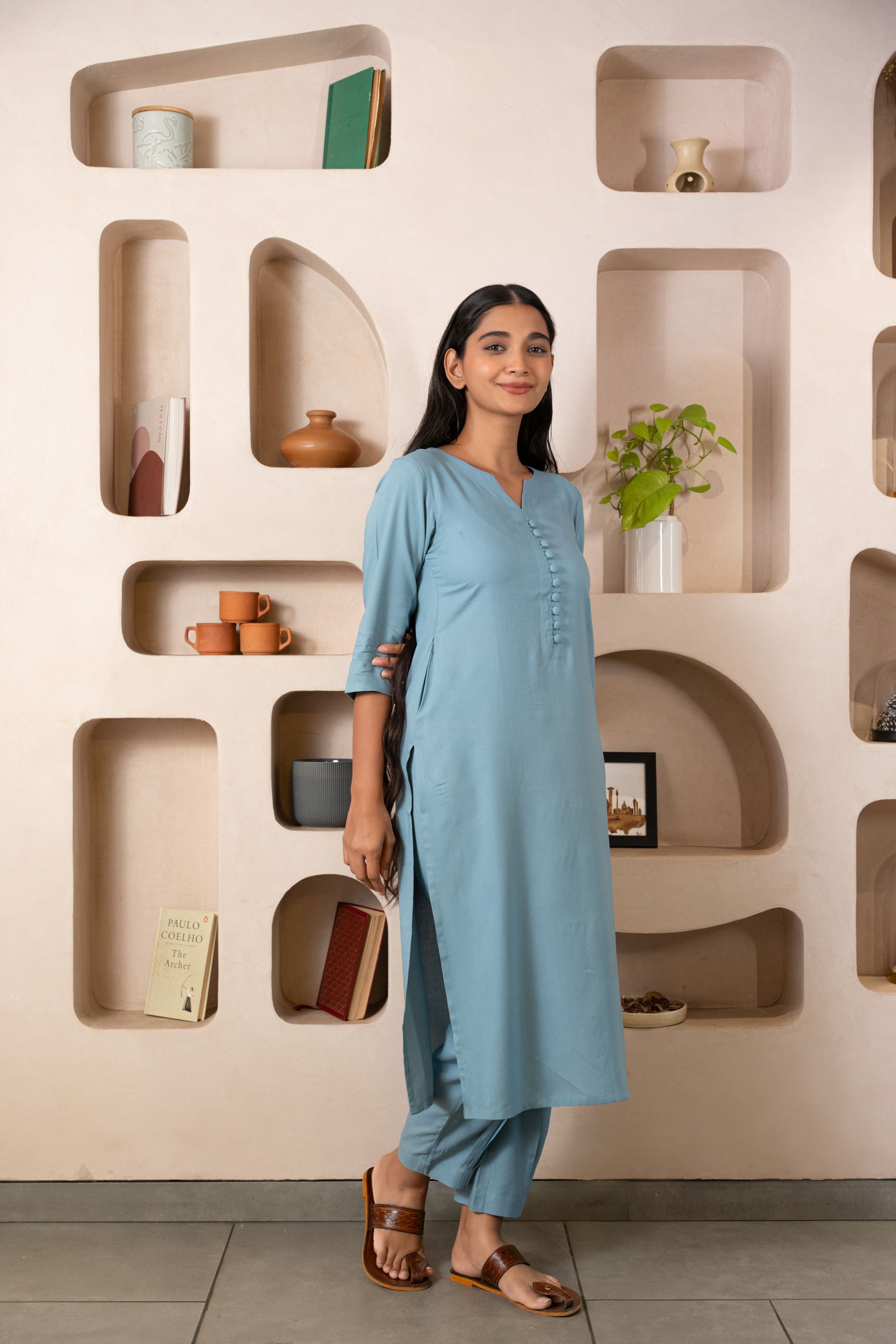 Light Blue Notched Neck with button loops Straight Kurta Set