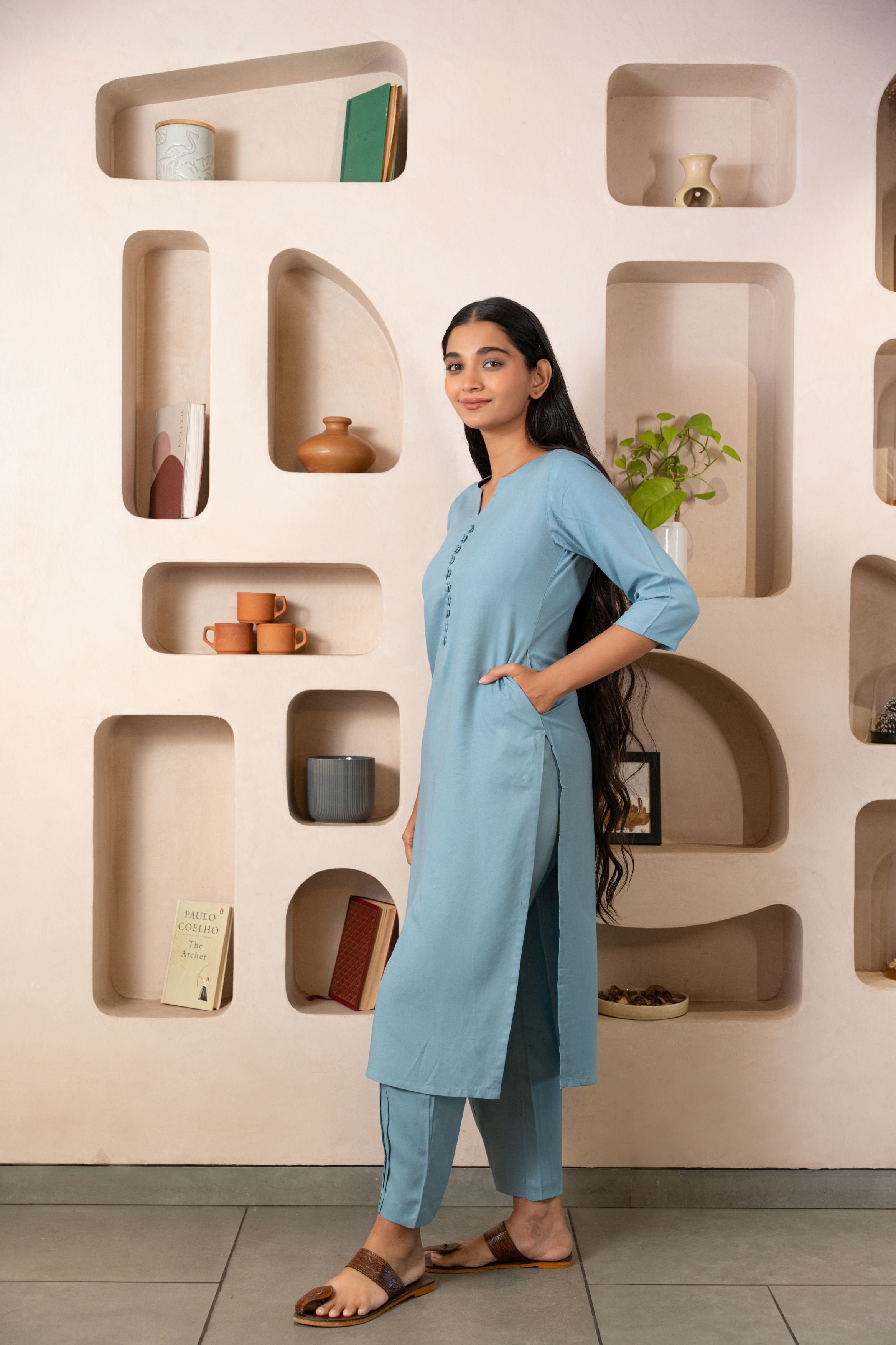 Light Blue Notched Neck with button loops Straight Kurta Set