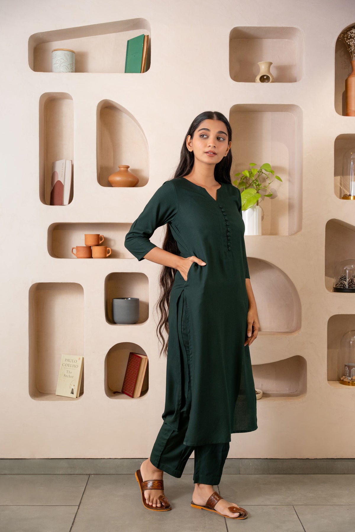 Green Notched Neck with Button Loops Straight Kurta Set