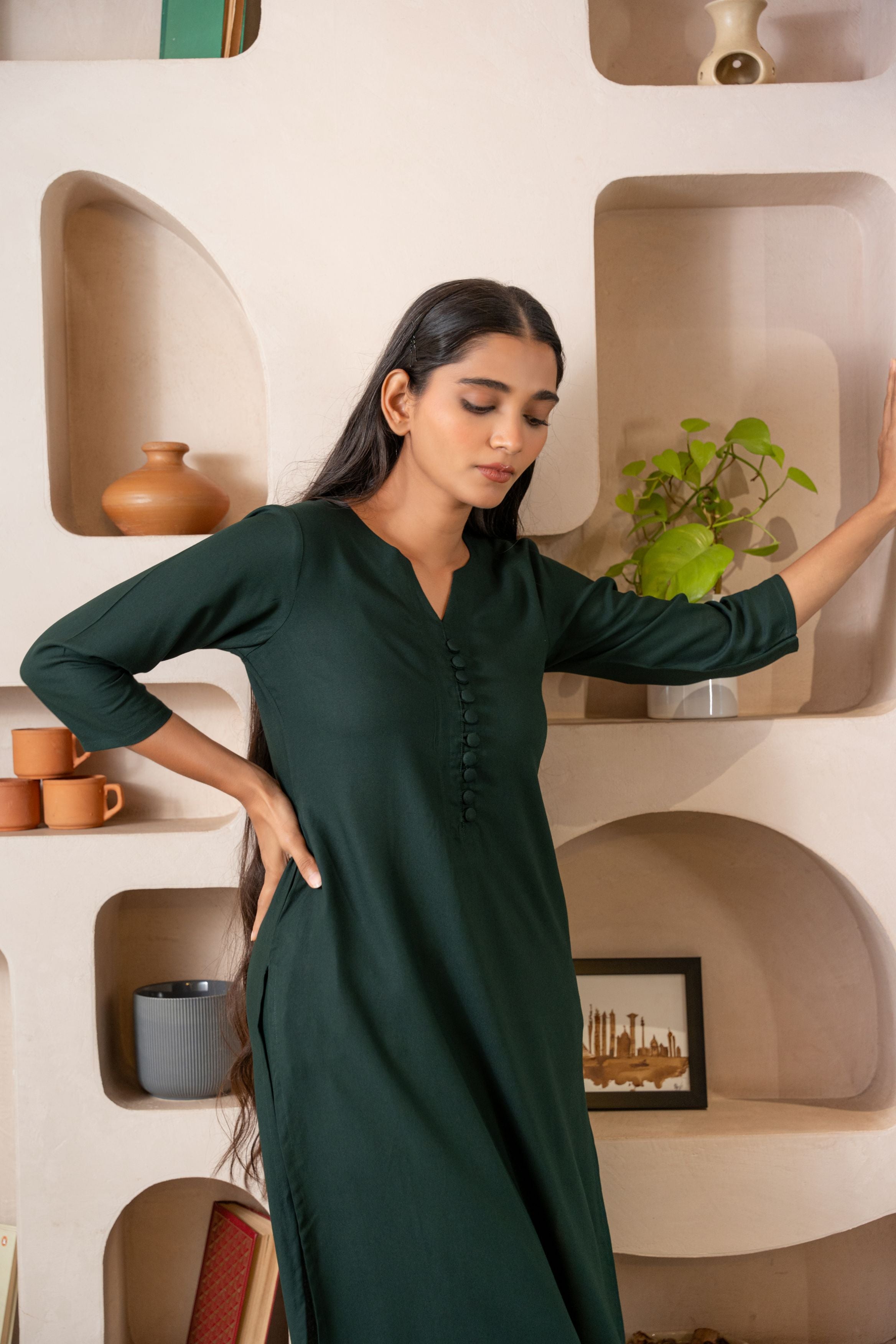 Green Notched Neck with Button Loops Straight Kurta Set