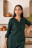 Green Notched Neck with Button Loops Straight Kurta Set