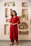 Maroon Notched Neck with Button Loops Straight Kurta Set