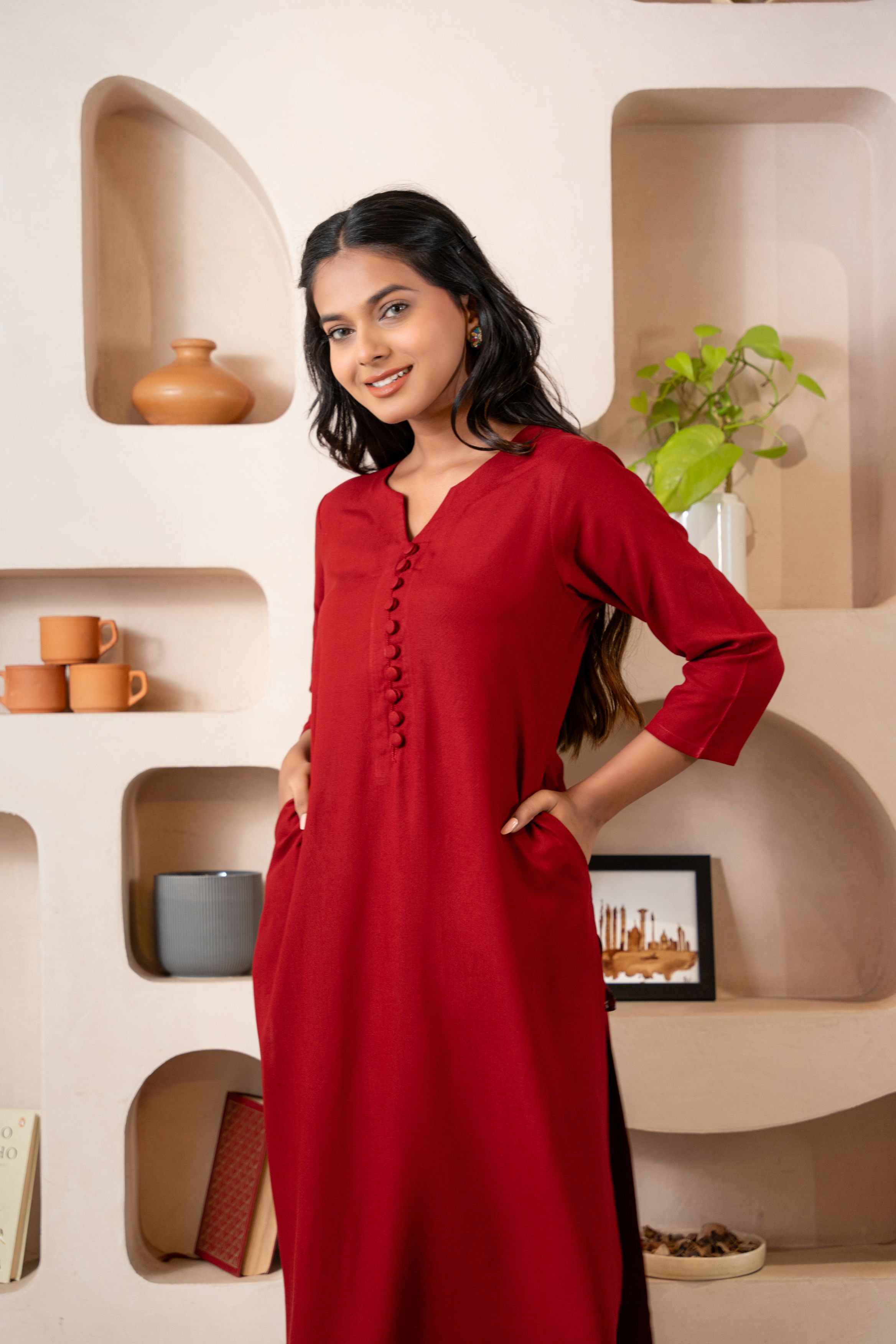 Maroon Notched Neck with Button Loops Straight Kurta Set