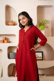 Maroon Notched Neck with Button Loops Straight Kurta