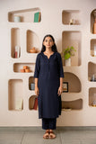 Navy Blue Notched Neck with Button Loops Straight Kurta Set