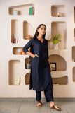 Navy Blue Notched Neck with Button Loops Straight Kurta Set