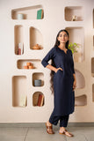 Navy Blue Notched Neck with Button Loops Straight Kurta