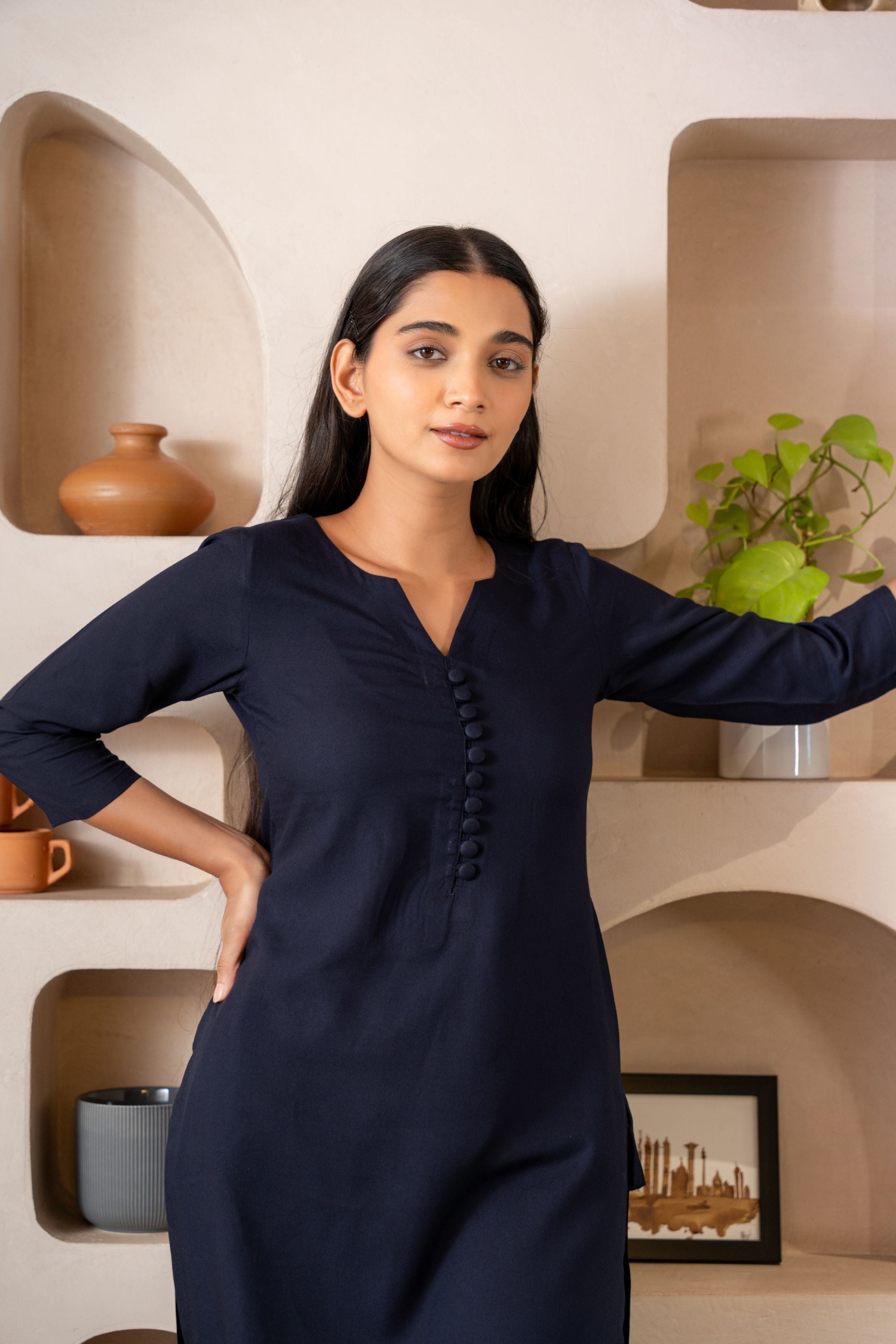 Navy Blue Notched Neck with Button Loops Straight Kurta