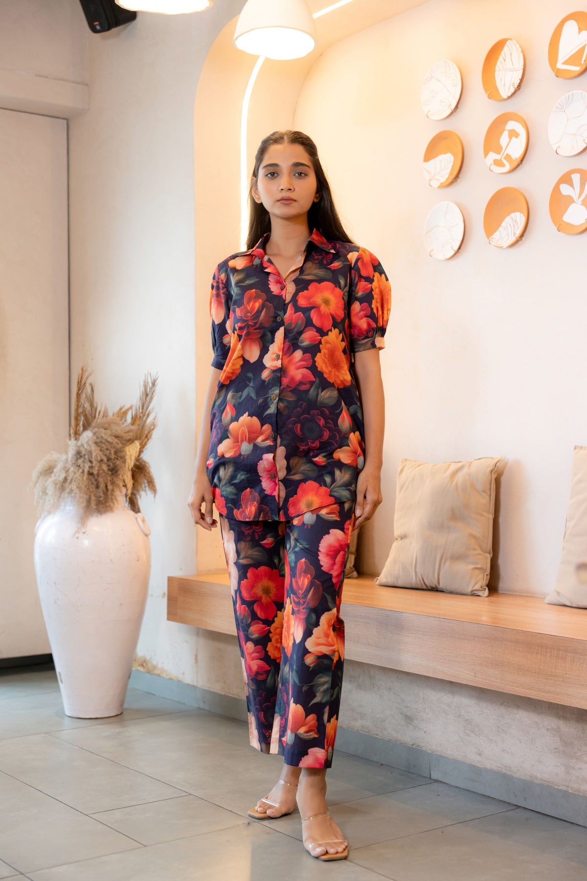 Buttoned-down Bold Floral Printed Pure Cotton Co-ord Set