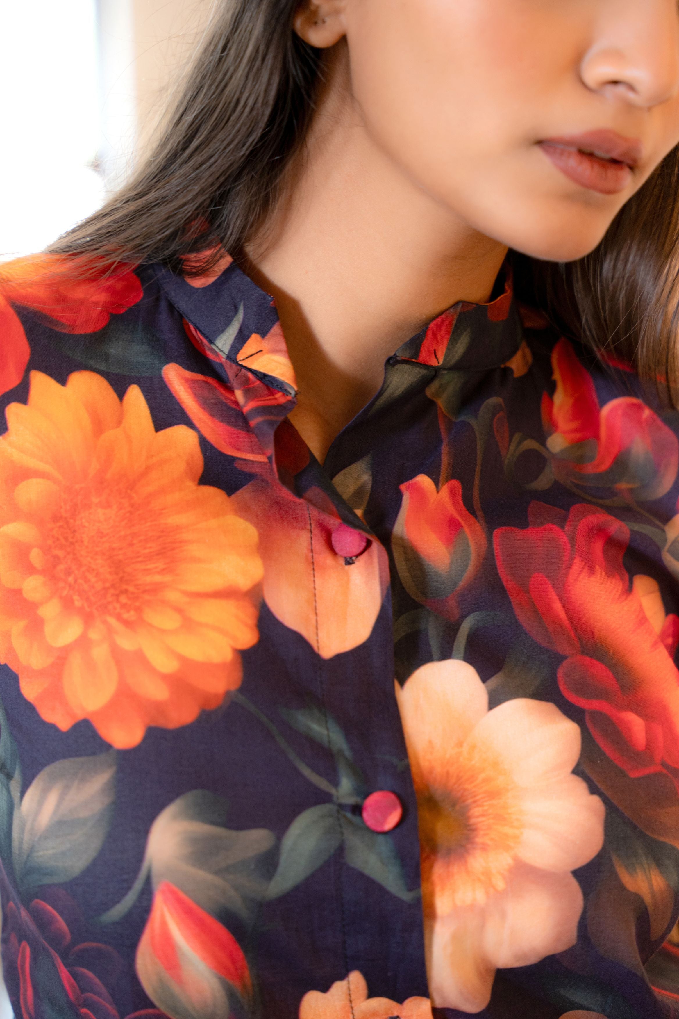 Half Buttoned Bold Floral Flared Printed Pure Cotton Top