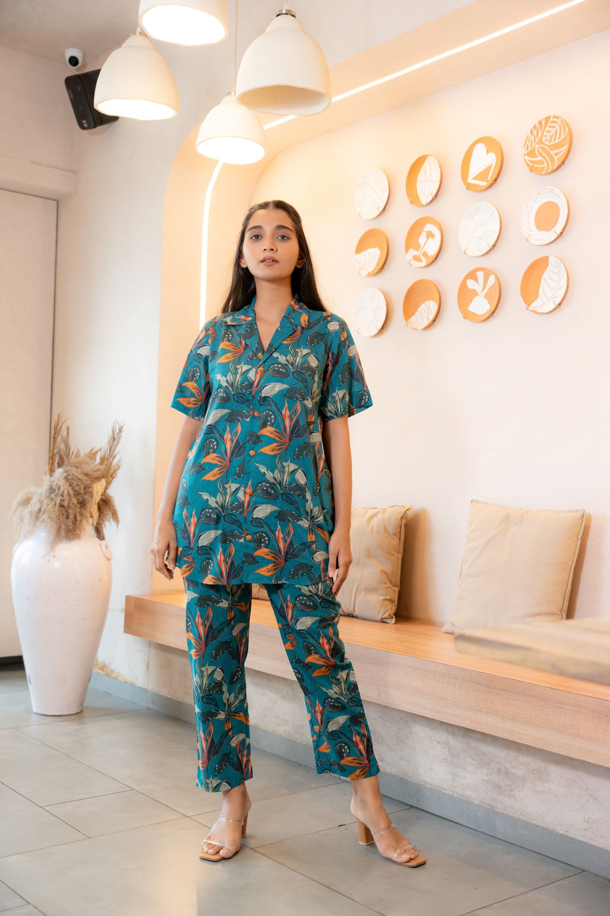 Teal Bold Floral Printed Buttoned Down Pure Cotton Co-ord Set