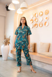 Teal Bold Floral Printed Buttoned Down Pure Cotton Co-ord Set