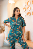 Teal Bold Floral Printed Buttoned Down Pure Cotton Top