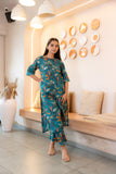 Notched Neck Printed Teal Pure Cotton Kurta Set