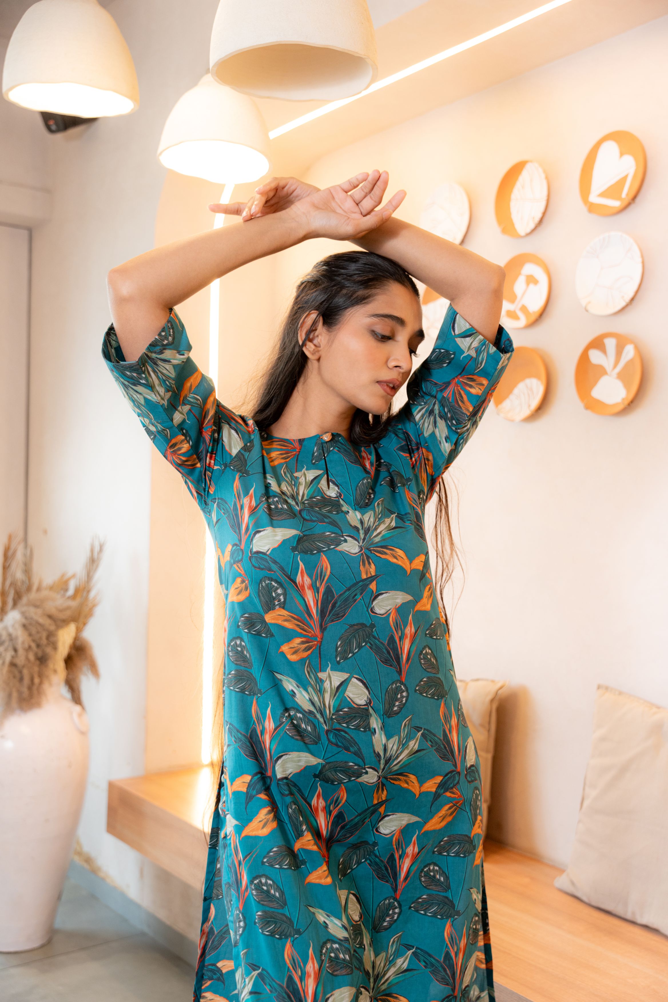 Notched Neck Printed Teal Pure Cotton Kurta Set