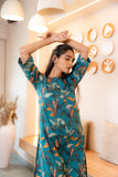 Notched Neck Printed Teal Pure Cotton Kurta Set