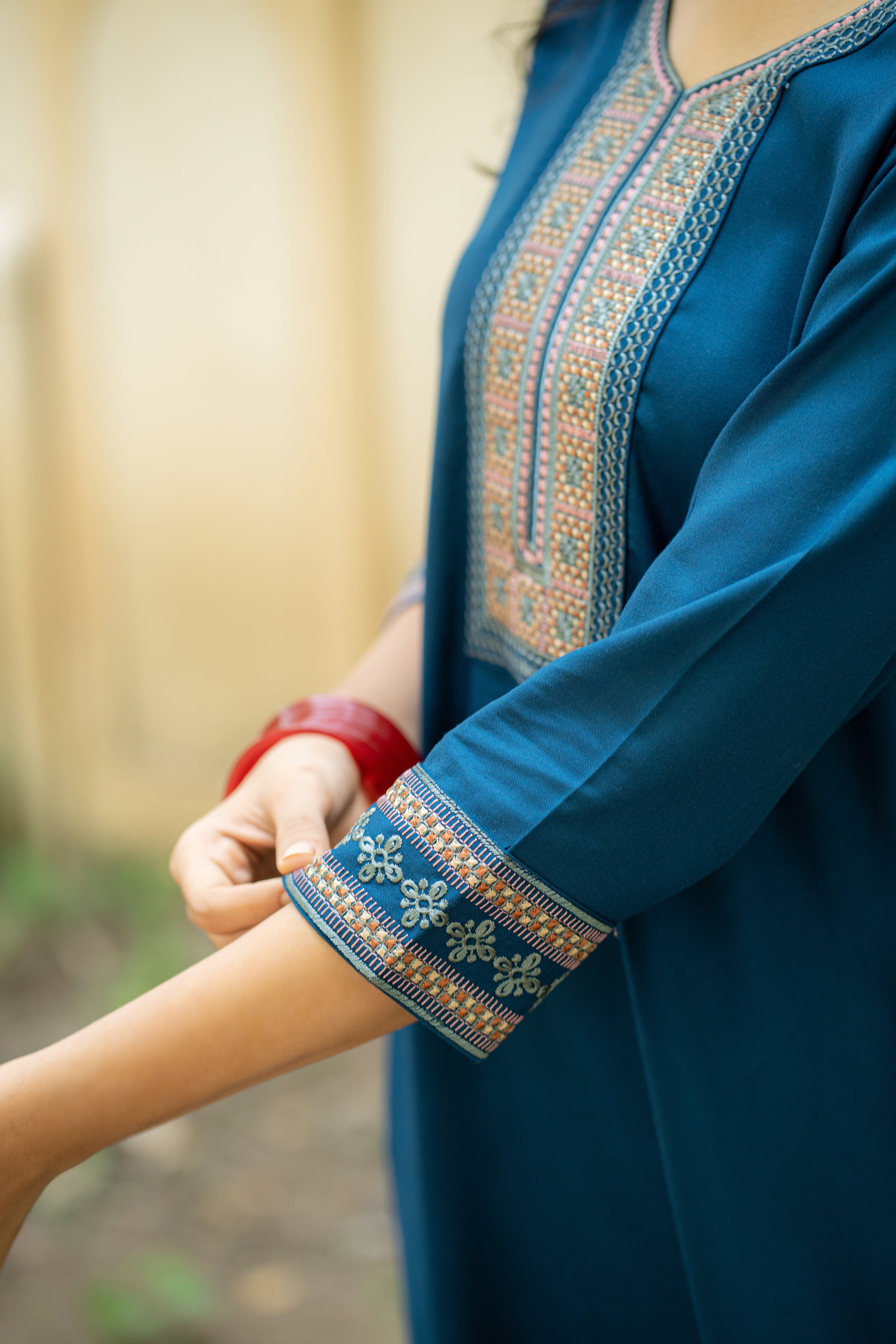 Sapphire Kurti with Embroidered Neckline and Sleeves