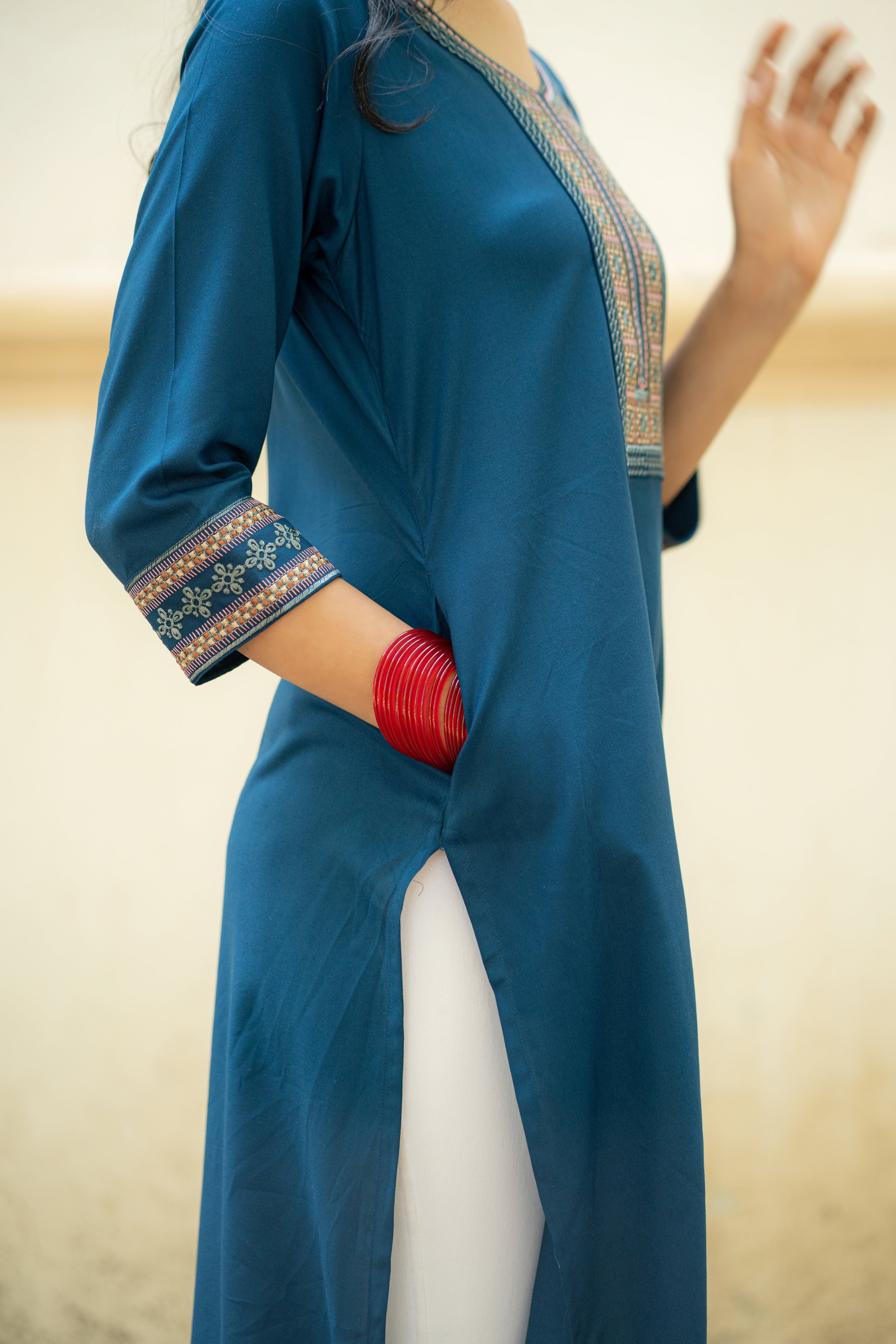 Sapphire Kurti with Embroidered Neckline and Sleeves