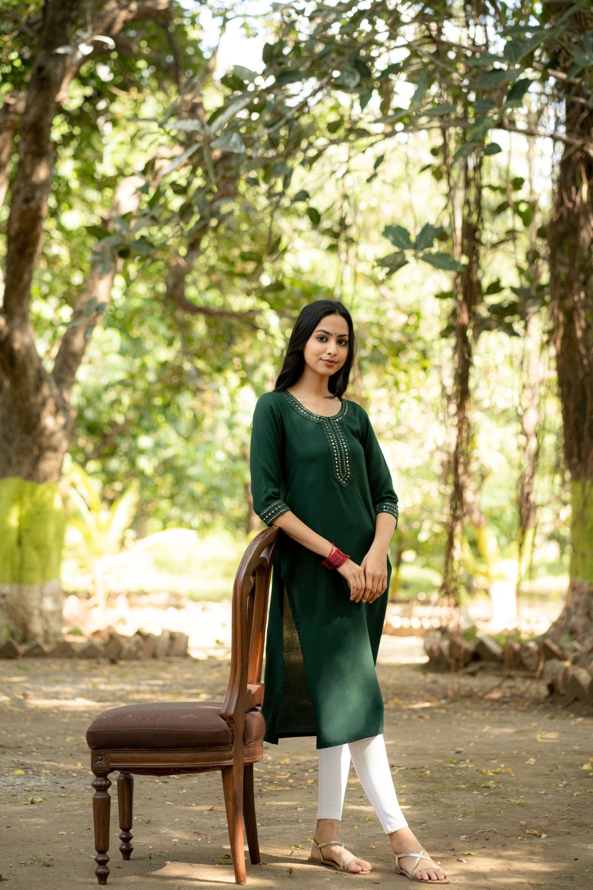 Green Straight Kurti with Mirror and Thread Embroidered Neckline And Sleeve