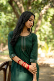 Green Straight Kurti with Mirror and Thread Embroidered Neckline And Sleeve