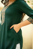 Green Straight Kurti with Thread Embroidered Neckline And Sleeve