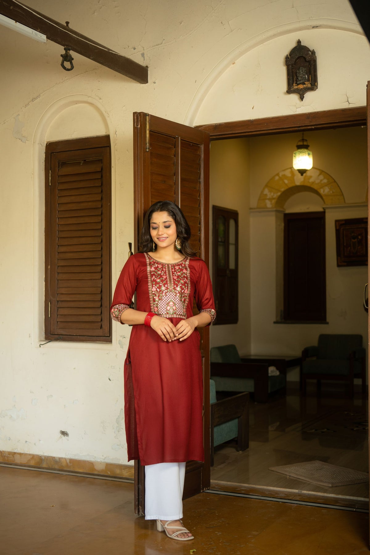 Maroon Sequin Embroidered Neckline and Sleeve Straight Kurti