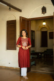 Maroon Sequin Embroidered Neckline and Sleeve Straight Kurti